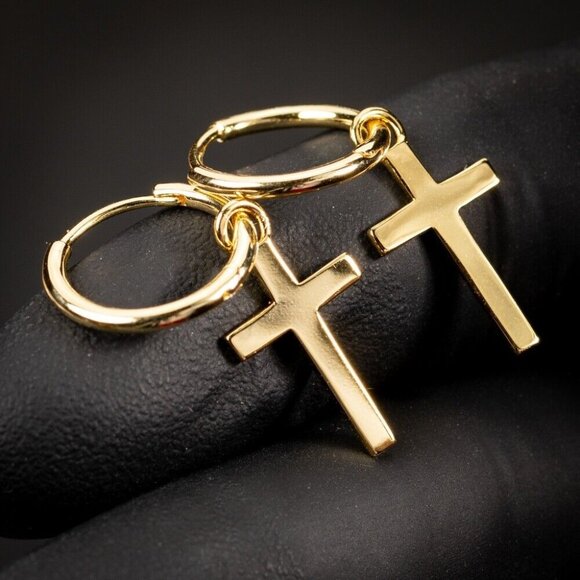 Solid Yellow Gold Plated Sterling Silver Dangle Cross Huggie Hoop Earrings - Picture 1 of 7